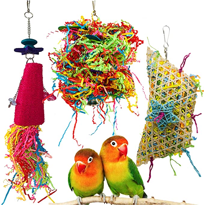 kathson Bird Chewing Toys, Parrot Shredder Toy Shred Foraging Hanging Cage Toy with Bells for Budgies Lovebirds Conures Parakeets Cockatiels(3 Pack)