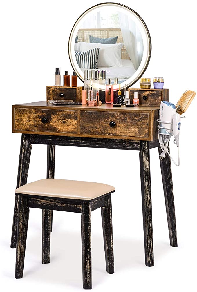 XCSOURCE Vanity Set with Lighted Mirror, 3-Color Touch Screen Dimmable Mirror, Makeup Dressing Table Desk with 4 Drawers, Cushioned Stool and Hair Dryer Holder for Bedroom Bathroom(Rustic)