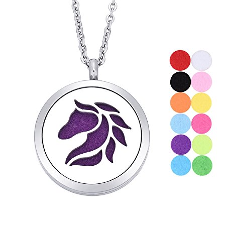 Horse Aromatherapy Essential Oil Diffuser Necklace Stainless Steel Round Locket Pendant 24" Chain,12 Refill Pads