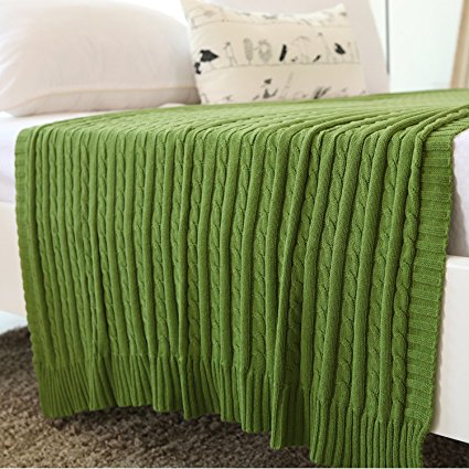 iSunShine® Cotton Knitted Cable Throw Soft Warm Cover Blanket Cable Knitting Pattern, 43*70 Inches, Green