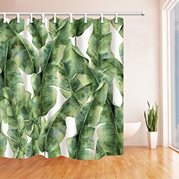 NYMB Tropic Plant Watercolor Banana Palm Leaves Bath Curtain, Polyester Fabric Waterproof Shower Curtains, 69X70 in, Shower Curtain Hooks Included, Green White(Multi1)