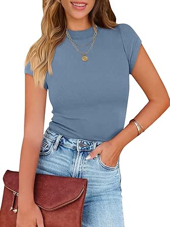 MEROKEETY Women's Short Sleeve Crewneck Ribbed Knit Tops Summer Casual Slim Fit Basic Tee Shirts