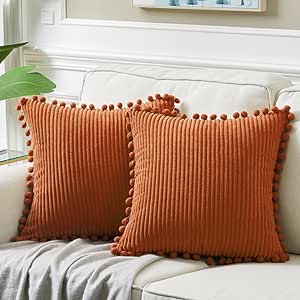 Fancy Homi Set of 2 Rust Decorative Throw Pillow Covers 14x14 Inch with Pom-poms for Couch Bed Sofa, Modern Farmhouse Boho Home Decor, Soft Plush Corduroy Cute Cushion Case 35x35 cm