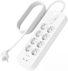 Belkin Multipresa con USB montabile a parete con 8 prese protette, cavo di alimentazione da 2m, LED di stato, 2 porte USB-C con ricarica rapida USB-C PD, ciabatta elettrica con protezione fino a 900 J