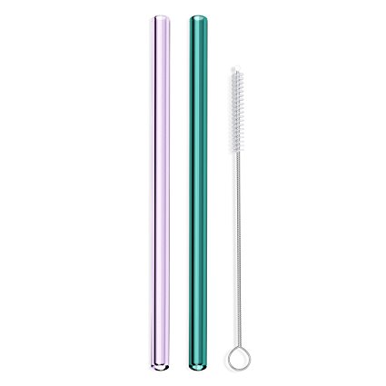 Hummingbird Glass Straws Teal and Purple Straight 8" x 9.5 mm Made With Pride In The USA - Perfect Reusable Straw For Smoothies, Tea, Juice, Water, Essential Oils - 2 Pack With Cleaning Brush