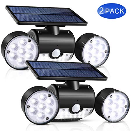 Solar Lights Outdoor, UNIFUN 30 LED Waterproof Solar Powered Wall Lights with Dual Head Spotlights 360-Degree Rotatable Solar Motion Security Night Lights for Outdoor Pation Yard Garden (Pack 2)
