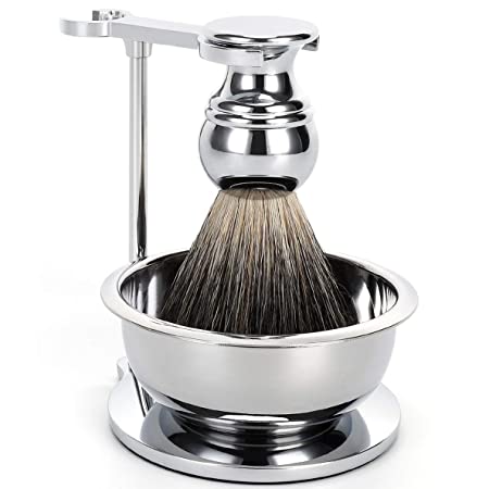 SANWA Deluxe Shave Stand Razor Brush Holder and Shaving Soap Bowl with High end silvertip badger hair shaving brush(Silver)