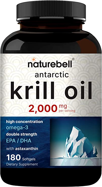 Antarctic Krill Oil 2000mg Supplement, 180 Softgels, 3X Stregnth Natural Source of Omega-3s, EPA 240mg   DHA 160mg   Astaxanthin 800mcg - No Fishy Aftertaste - Mercury Free & Non-GMO