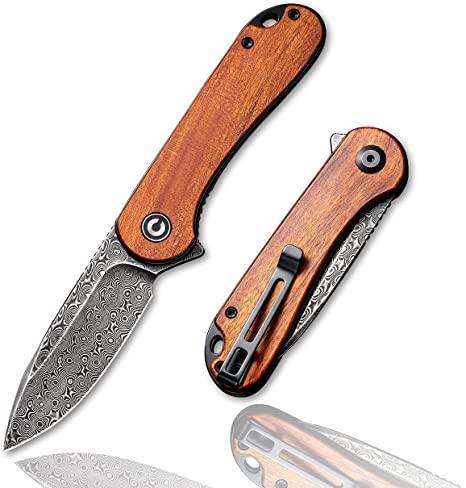 CIVIVI Elementum Folding Pocket Knife for Men, 2.96" Damascus Blade Cuibourtia Wood Handle, Low Profile Pocket Clip for EDC C907DS-2