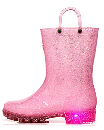 Outee Toddler Kids Light Up Rain Boots Waterproof Lightweight Glitter Boots Collection with Handle