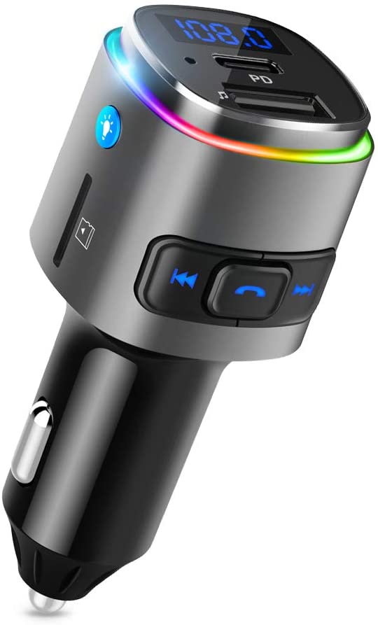 Bluetooth FM Transmitter for Car, PD18W Wireless Bluetooth 5.0 Car Radio Adapter MP3 Music Player/Car Kit Support Hands-free Calling/TF card/USB Flash Drive/Colorful LED Backlit