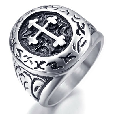 INBLUE Men's Stainless Steel Ring Silver Tone Black Cross Oval