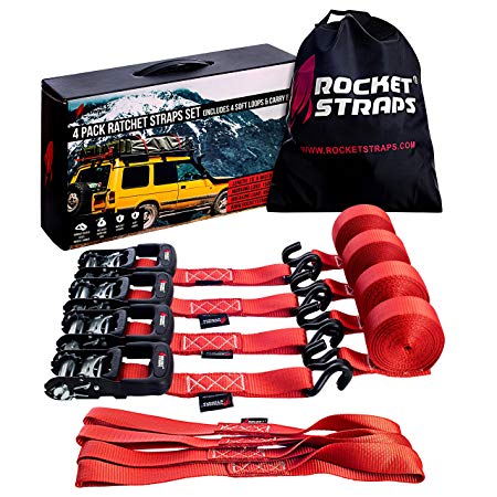 Rocket Straps - Heavy Duty Ratchet Straps 1.5" x 15' - 4500 lbs Break Strength Ratchet Tie Down Straps I 4 Soft Loops | Ratchet Strap Bag | Moving Straps, Motorcycle Trailer and Truck Straps