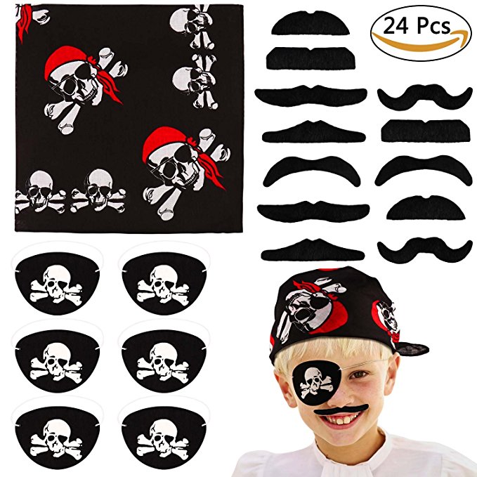 VAMEI 24 PCs Pirate Captain Eye Patches Pirate Bandana and Fake Mustaches for Children Kids Party Favors and Costume Prop Black
