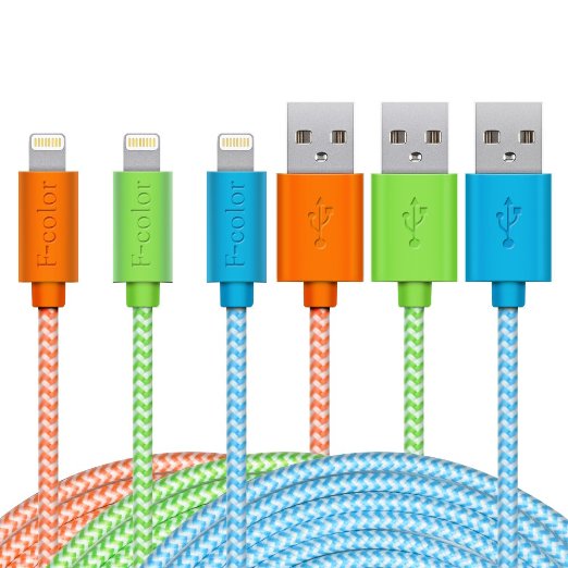 iPhone 6S Charger Cord 3 Pack 10Ft Long iPhone 6S Charger F-color Braided Apple Certified Lightning Cable for iPhone 6S 6 Plus 5S 5C iPhone SE iPad Air 2 mini 4 iPad Pro Orange Green Blue