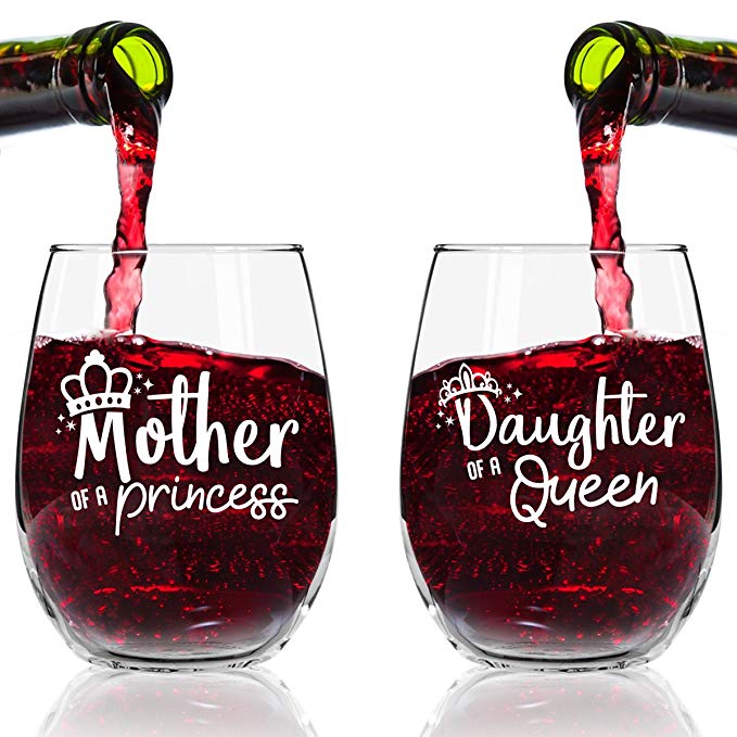 Mother of A Princess Daughter of A Queen Stemless Wine Glass Set of 2 (15 oz)- Wine Glasses for Cute Gift for Mom From Daughter- Mother Daughter Matching Gifts Idea- Mom Gift for Birthday, Mother’s Da