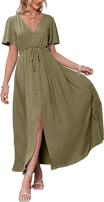 BerryGo Women's Casual Short Sleeve V Neck Flowy Maxi Dress Tie Waist Solid Boho Flutter Long Cocktail Dress with Pocket