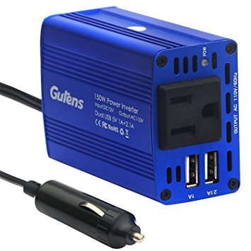 Gutens 150W Car Power Inverter DC 12V to AC 110V Power Converter with 12V Clip-On Battery Cigarette Lighter Adapter and 3.1A Dual USB Charger