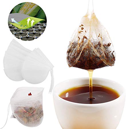 Beveetio Tea Filter Bags with Tea Spoon, 3D Ultra-thin Corn Fiber Drawstring Sealing Disposable Empty Tea Bags for Loose Leaf Tea and Coffee (100pcs)