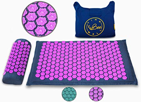TimeBeeWell Eco-Friendly Back and Neck Pain Relief - Acupressure Mat and Pillow Set - Relieves Stress, Back, Neck, and Sciatic Pain - Comes in a Carry Bag for Storage and Travel