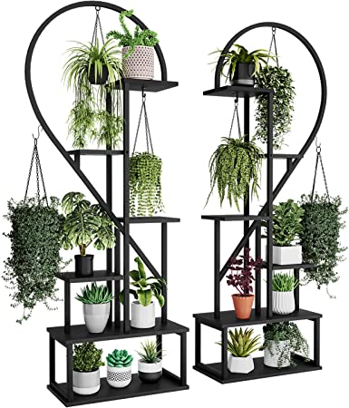 POTEY 6 Tier Metal Plant Stand, Creative Half Heart Shape Ladder Plant Stands for Indoor Plants Multiple, Plant Shelf Rack for Home Patio Lawn Garden (Black Board 2 Pack)