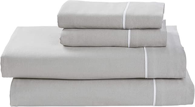 Amazon Brand – Rivet Contrast Hem Breathable Cotton Linen Bed Sheet Set, Full, Vapor / White