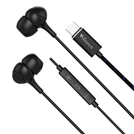 Alleeco HQ USB Type C Digital Earphones with Mic/In-line Control & Noise Cancelling, Stereo Bass Earbuds, 24-bit/96kHz DAC Headphones - Support iPad Pro 2018, Google Pixel 2/3/XL, HTC 10/ U11 , Xiaomi