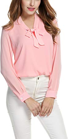 ACEVOG Womens Bow Tie Neck Long/Short Sleeve Casual Office Work Chiffon Blouse Shirts Tops