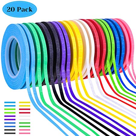Whiteboard Tape, Shynek 20 Rolls 1/8 Thin Art Tape Dry Erase Chart Tape Pinstriping Electrical Tape White Board Tape Lines, Assorted Colors