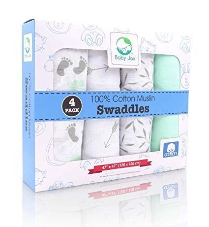 Premium Muslin Baby Swaddle Blankets (4 Pack) | Large 47 x 47 inch | Grey and Mint | 100% Cotton Muslin Newborn Infant Swaddle Receiving Blanket Wrap