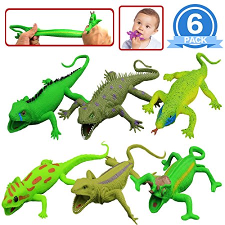 Lizards Toys,9-inch Rubber Lizard Realistic Set(6 PACKS) Great Safety Material TPR Super Stretchy With Learning Study Card Collection Box-Bathtub Toy-Gecko Iguana Chameleon Komodo Dragon Salamander