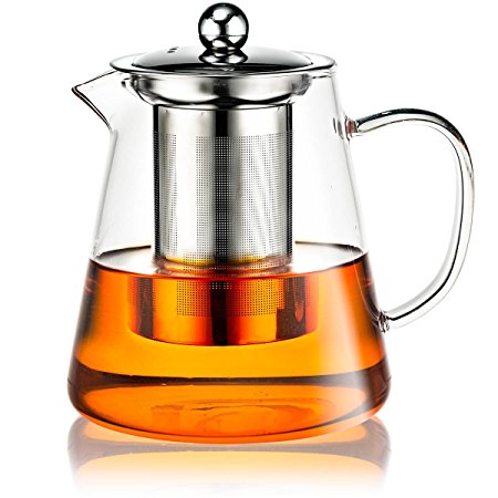 Premium Glass Teapot with Stainless Steel Removable Infuser & Lid, Tea Strainer, Microwavable and Stovetop Safe Tea Kettle, Holds 4 cups. Great gift! By Levav