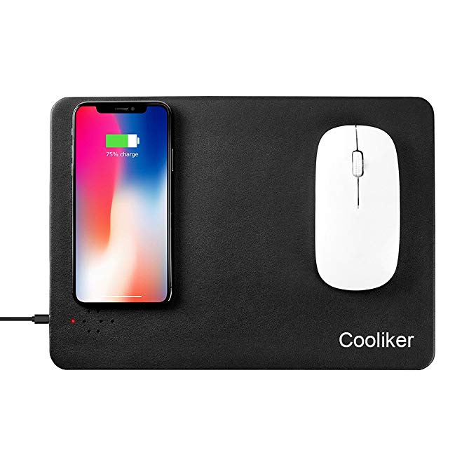 Wireless Charging Leather Mouse Pad, Cooliker 2 in 1 Qi Fast Charging Mouse Mat with LED Indicator for iPhone X/ 8/ 8 Plus, Nexus 5/ 6/ 7, Samsung Galaxy S9/ S9 / S8/ S8 / S7/ S7 edge/ S6 edge & All Qi-Enabled Devices