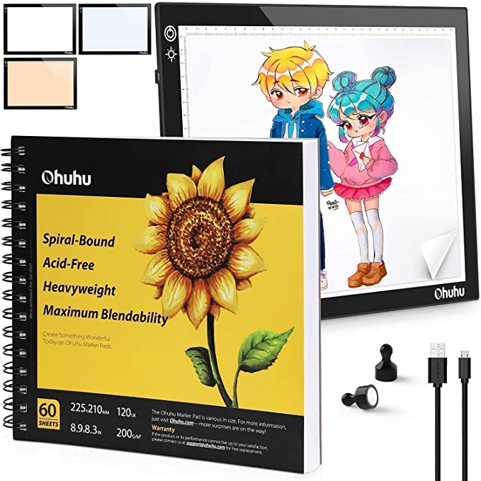 Marker Pads Art Sketchbook, Ohuhu 8.9"×8.3" Portable Square Size A4 Light Board Ohuhu Portable Tracing Light Box with 3 Colors Light Ultra-Thin Portable Tracer