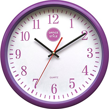 Analog Wall Clock with Anti-Scratch Plexi Glass Cover, Purple with White Easy-to-Read Numbers, Silent Quartz - by Office Style
