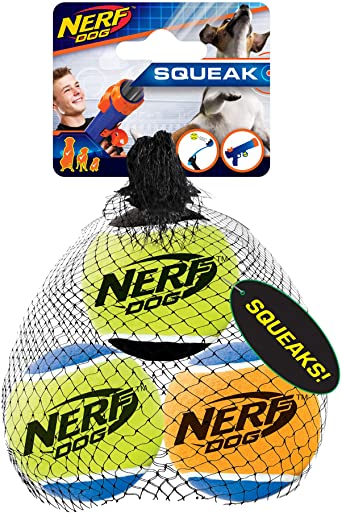 Nerf Dog Tennis Ball Dog Toy with Interactive Squeaker, Lightweight, Durable and Water Resistant, 2.5 Inches, for Small/Medium/Large Breeds, Three Pack, Assorted Colors