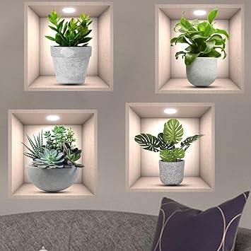 iMagitek 4 Pack 3D Green Plants Wall Stickers Botanical Plants Wall Decals for Bedroom Living Room Kitchen
