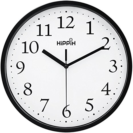 Hippih Black Wall Clock Silent Non Ticking Quality Quartz, 10 Inch Round Easy to Read For Home Office School Clock