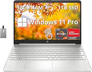 HP 15.6" FHD Touchscreen Laptop, AMD Ryzen 7 5700U Processor, 32GB RAM, 1TB SSD, AMD Radeon Graphics, Full-Size Keyboard, HD Webcam, Windows 11 Pro, Silver, 32GB Hotface USB Card