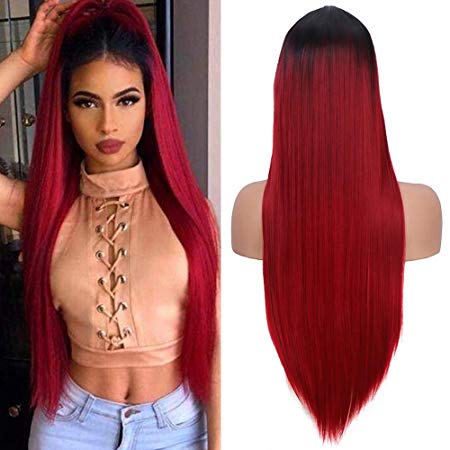 Fani Ombre Wine Red Wigs Long Straight Burgundy Synthetic Wig for Women and Ladies Natural Hairline Middle Part Cosplay Party Wigs