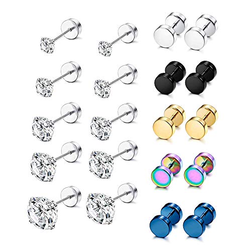 YADOCA 10 Pairs Screw Stud Earrings Flat Back Black Earrings for Men Mix Color Helix Cartilage Barbell Earrings Plugs Tunnel Punk