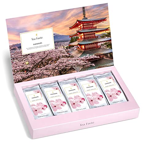 Tea Forte Hanami Organic Cherry Blossom Green Tea Sampler, Single Steeps Loose Leaf Tea Gift Box with 15 Single Serve Pouches