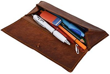 Gbag (T) Genuine Leather Stationery Pencil Pen Case Art Pouch Office Uni College Smart Everyday Vintage Unisex Brown T5