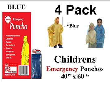 4 VAS Childrens 40" X 60" Emergency Child / Kid Rain Poncho - BLUE