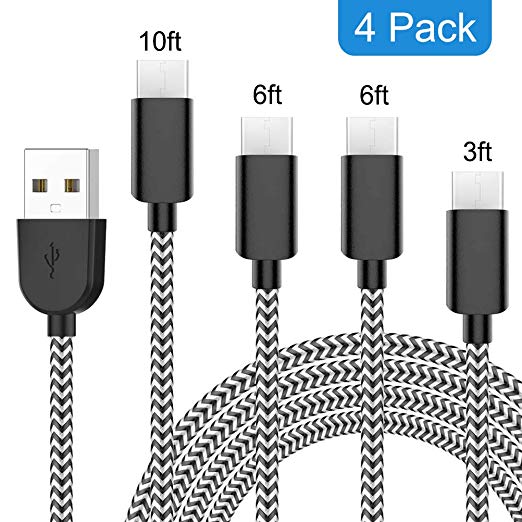 USB Type C Cable 4Pack 3FT 6FT 6FT 10FT Nylon Braided Fast Charging Charger charging cord Sync Cord Compatible Huawei P9 P10 P20 Samsung Galaxy S10 Note 9 S8/S9 LG V20 G5 G6 Nexus 5X/6P (Black Silver)