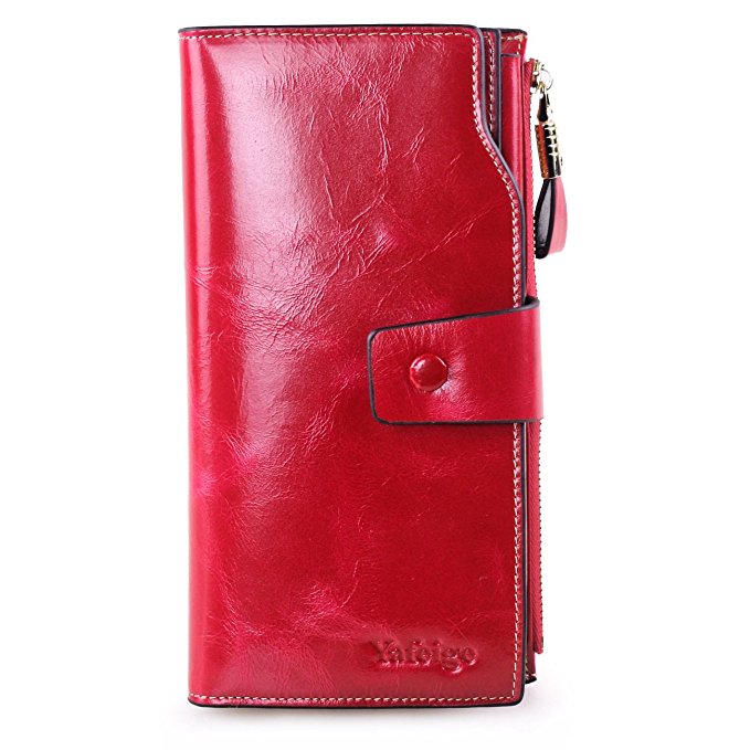 Yafeige Women's Large Capacity Oil wax cowhide Leather Purse Genuine Leather Wallet With Zipper Pocket