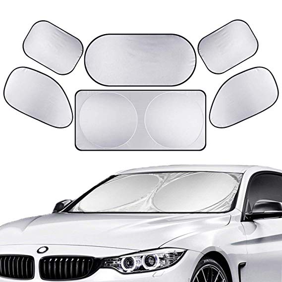ALAVENTE 6Pcs Full Car Sunshade, Universal Windshield Window Sun Shade Side Folding Heat Reflector Vehicle Cool-UV Ray Protector Visor Shield Cover