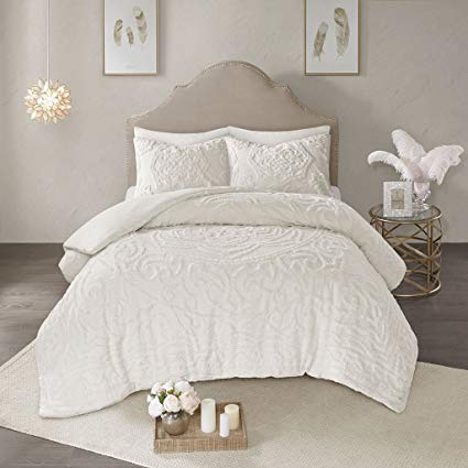 Madison Park Laetitia Duvet Cover Reversible Solid 100% Cotton Chenille Tufted Floral Flower Botanical Medallion Fluffy Texture Soft Durable All Season Bedding-Sets, Full/Queen, Ivory