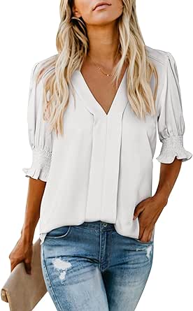 EVALESS V Neck Blouses for Women Dressy Casual Summer Puff Ruffle Short Sleeve Shirt Tops