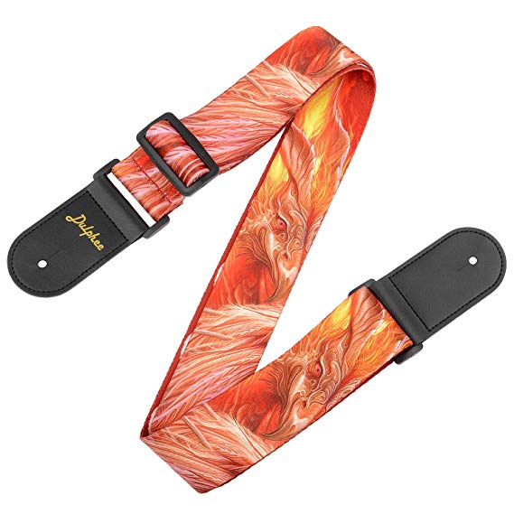 Dulphee Guitar Strap Suzaku Pattern Bass Guitar Strap Adjustable Polyester Shoulder Straps with Tie, Double Reinforced Leather Ends for Guitarist